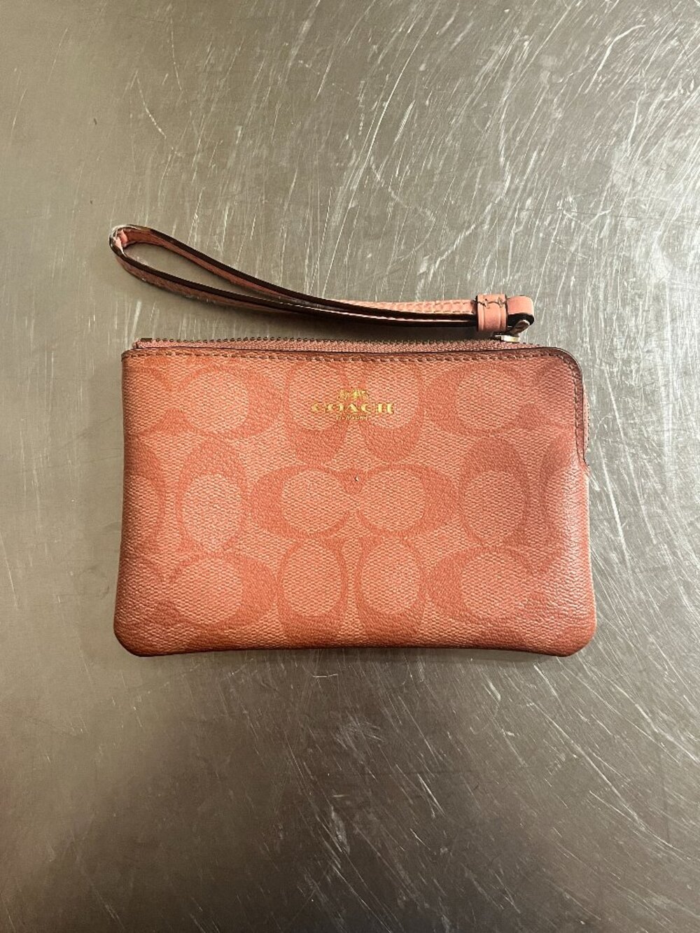 COACH Rose Pink Signature Canvas Corner Zip Wristlet Wallet Purse